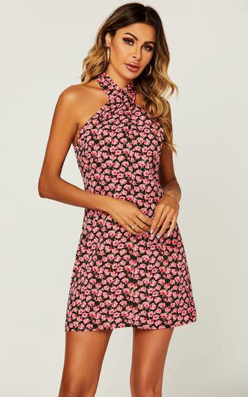 Halter Neck Back Detail Mini Dress In Pink Rose Print