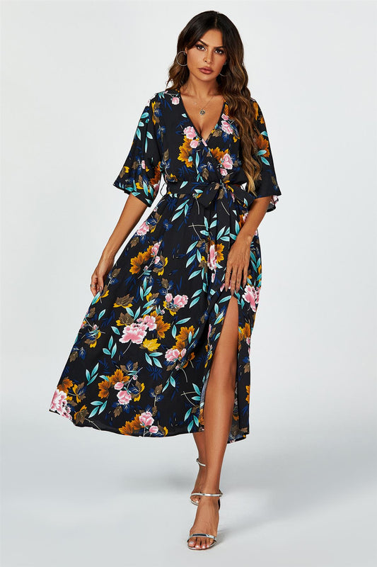 Floral Print Wrap Top Kimono Sleeve Split Maxi Dress In Black