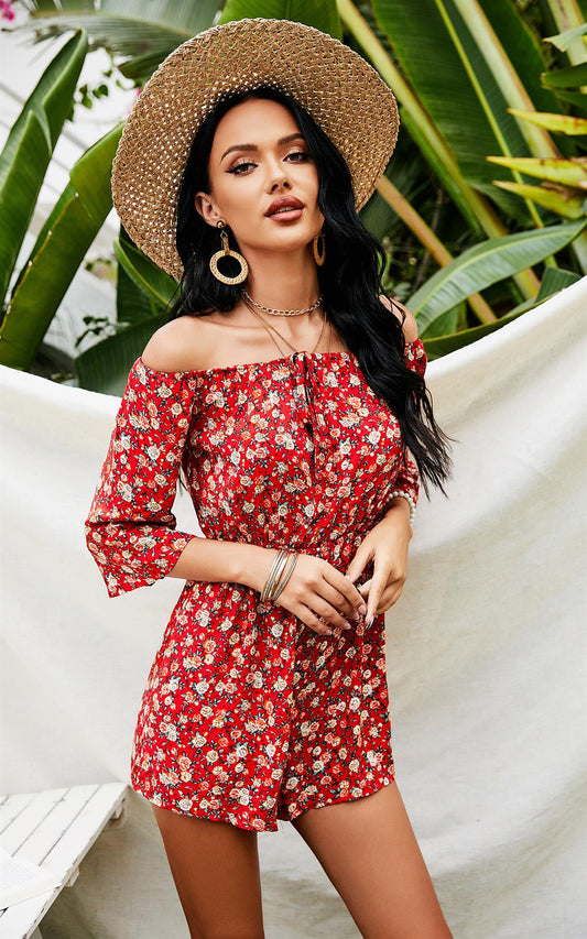 Pretty Floral Print Off Shoulder Playsuit In Red