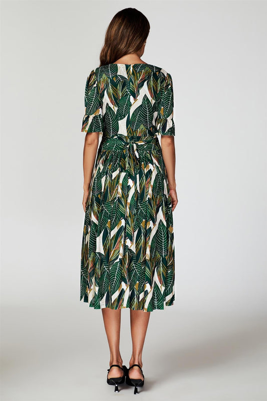 Leaf Print Mesh Midi Dress In Green