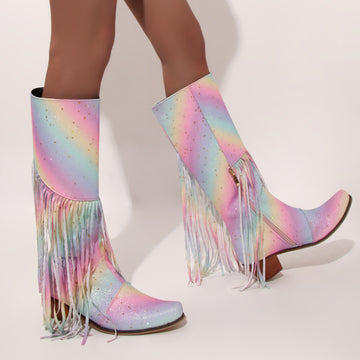 Fringe Boots | Patchwork Boots | Chunky Heel Boots