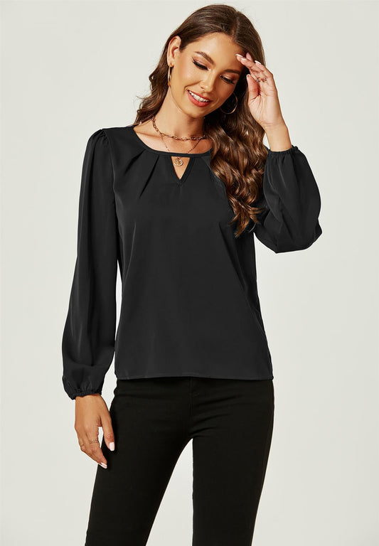 Long Sleeve Detailed Neckline Blouse Top In Black