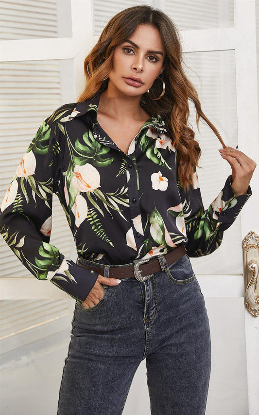 Pretty Floral & Green Leaf Print Shirt In Black