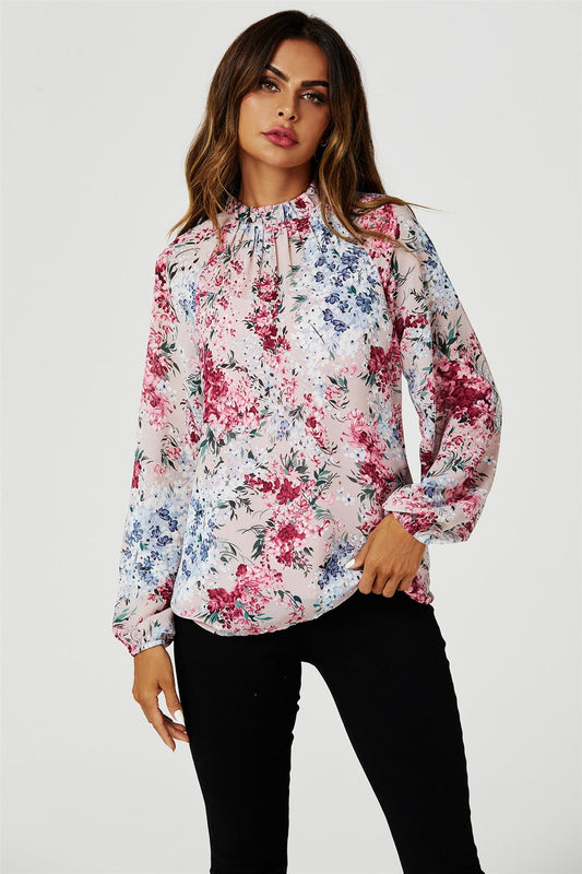 Floral Print Long Sleeve Frill High Neck Top In Pink