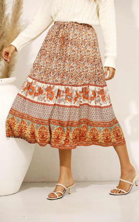 Orange Paisley Print Smocked Tiered Midi Skirt