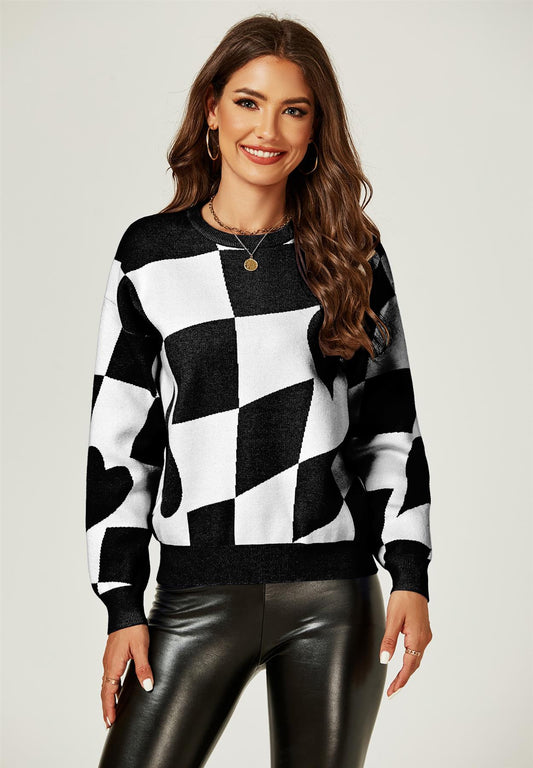 Comfy Geometric Pattern Jumper Top In Black & White