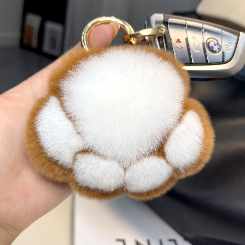 Genuine Rex Rabbit Fur Cat Paw Car Keychain Accessory