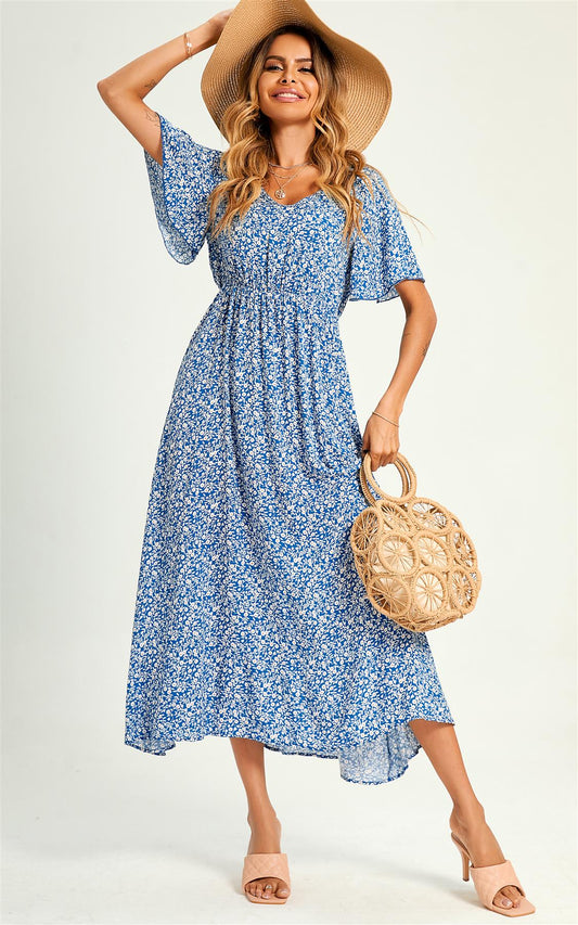 Angel Sleeve V Neck Floral Print Maxi Dress In Blue