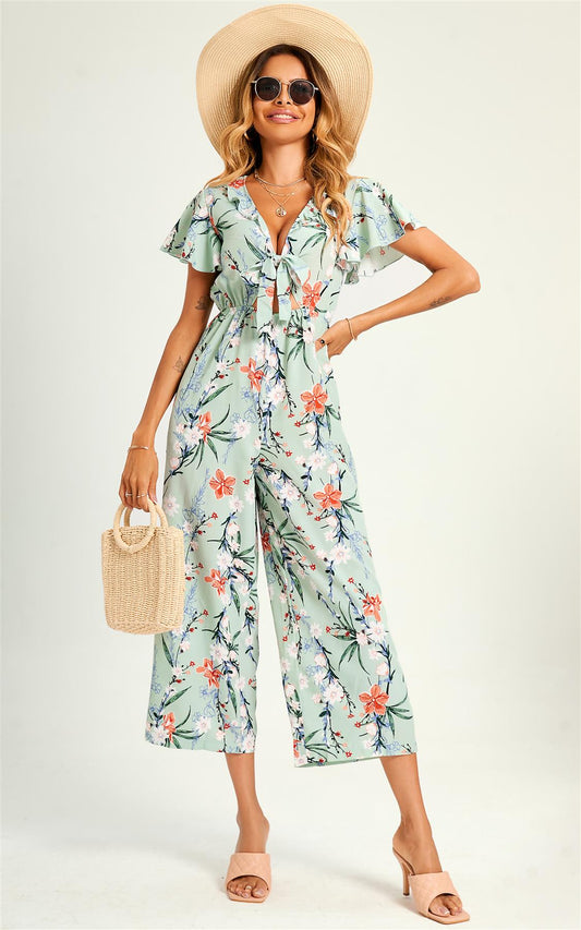 Flora Print Angel Sleeve  Culotte Jumpsuit In Blue