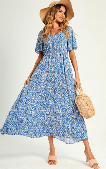 Angel Sleeve V Neck Floral Print Maxi Dress In Blue