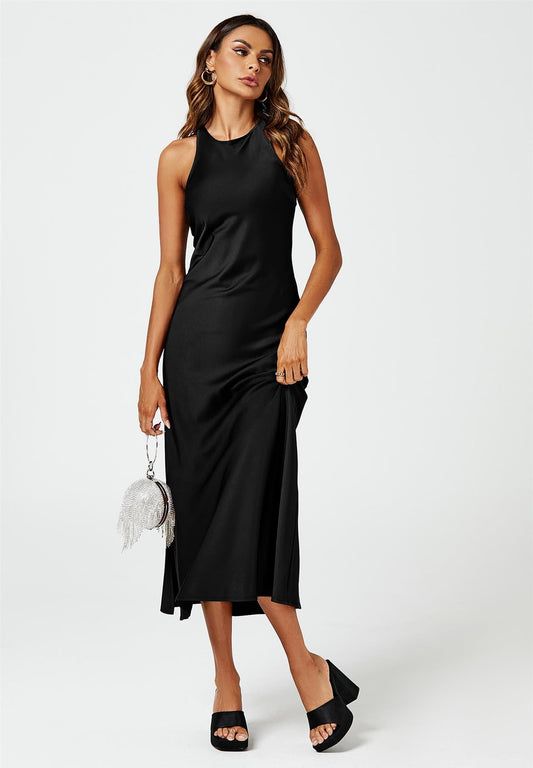 Slim-Fit Satin Midi Dress In Black