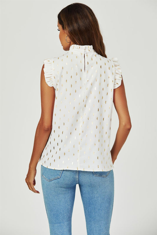 Gold Foil Frill Trim Sleeve High Neck Blouse Top In Cream