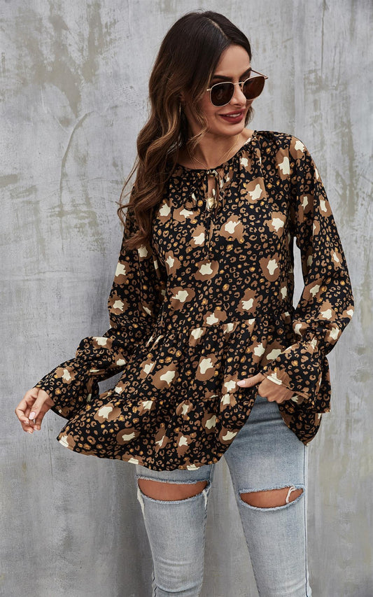 Gold Animal Print Smock Ruffle Top In Black