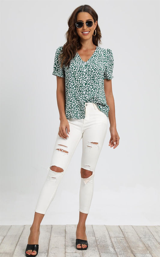 Short Sleeve Buttoned Blouse Top In Green & White Flora  Print