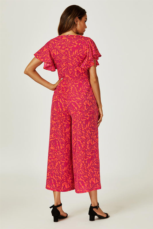 Printed Wide Leg Twist Jumpsuit In Fuchsia