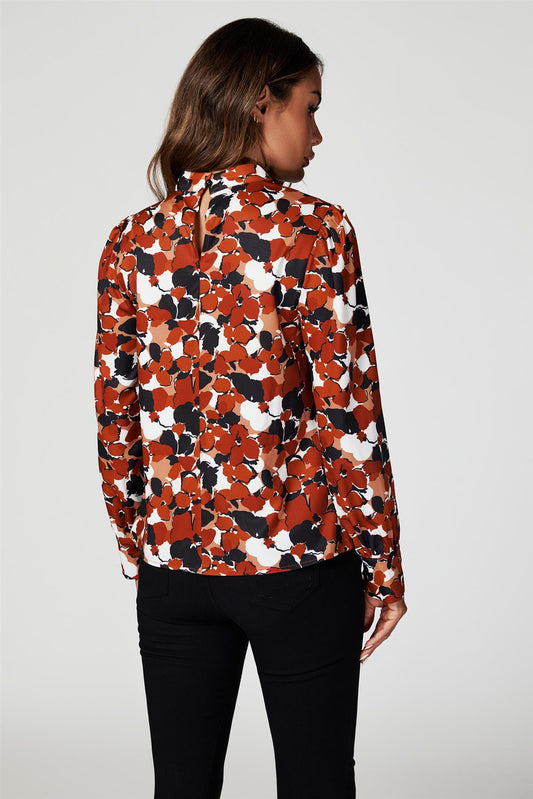 Floral Print Long Sleeve High Neck Top In Rust