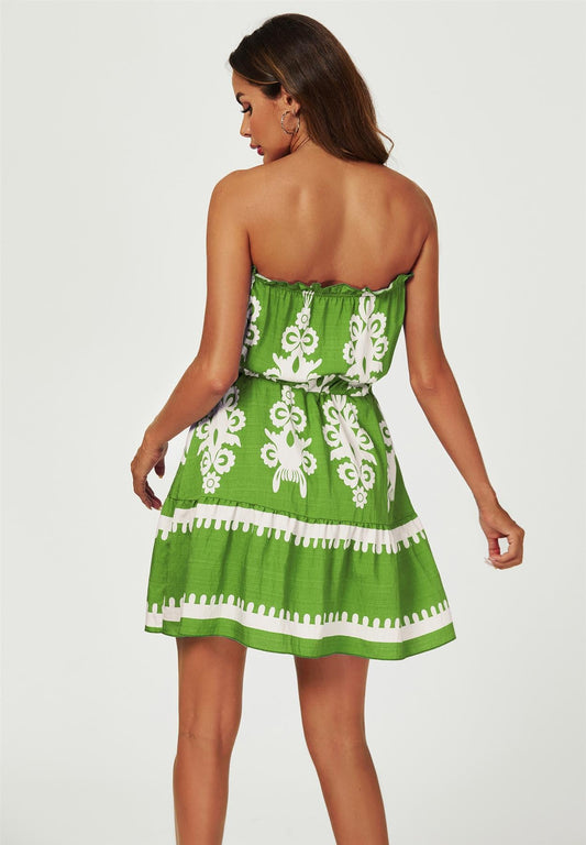 Printed Broderie Strapless Mini Dress In Green