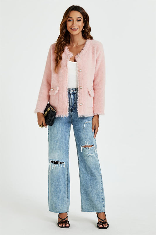 Frayed Edges Boucle Jacket In Pink