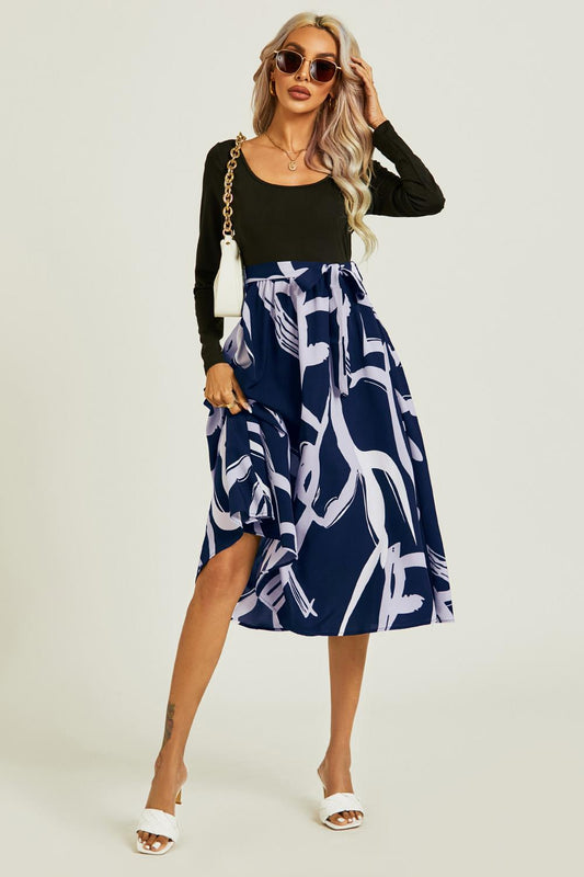 Printed 2 In 1 Midi Dress Long Sleeve Top In Navy