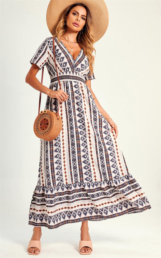 Geometric Print V Neck Maxi Dress In Beige