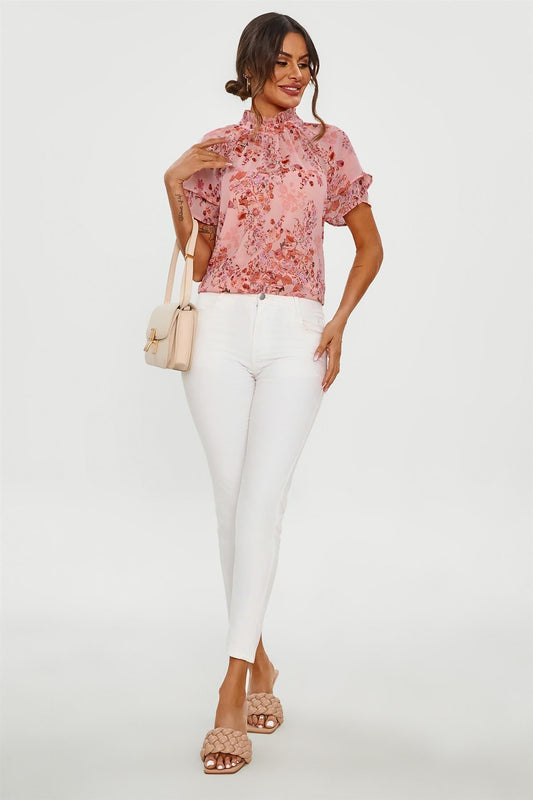 Floral Print Frill Hem Sleeve High Neck Blouse Top In Pink