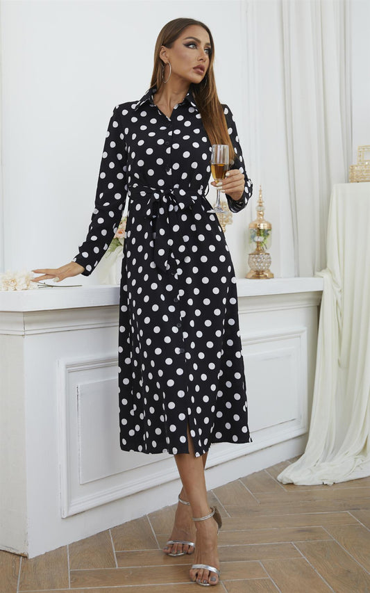 White Dot Print Midi Shirt Dress In Black