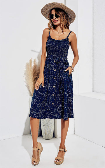 Button Down White Dot Print Midi Dress In Navy Blue