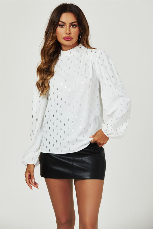 Silver Foil Long Sleeve High Neck Top In White