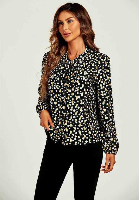 Gold Foil Leopard Print Pussybow Blouse/Top In Black