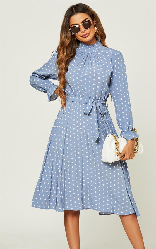 High Neck Long Sleeve Frill Detail Pleated Skirt Midi Dress In Blue Polka Dot