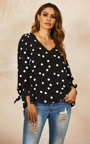 Long Sleeve Blouse In Black & White Polka Dot