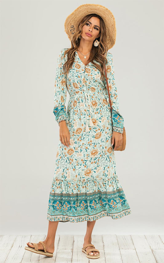 Smock Midi Dress In Mint Green & Orange Floral Printed