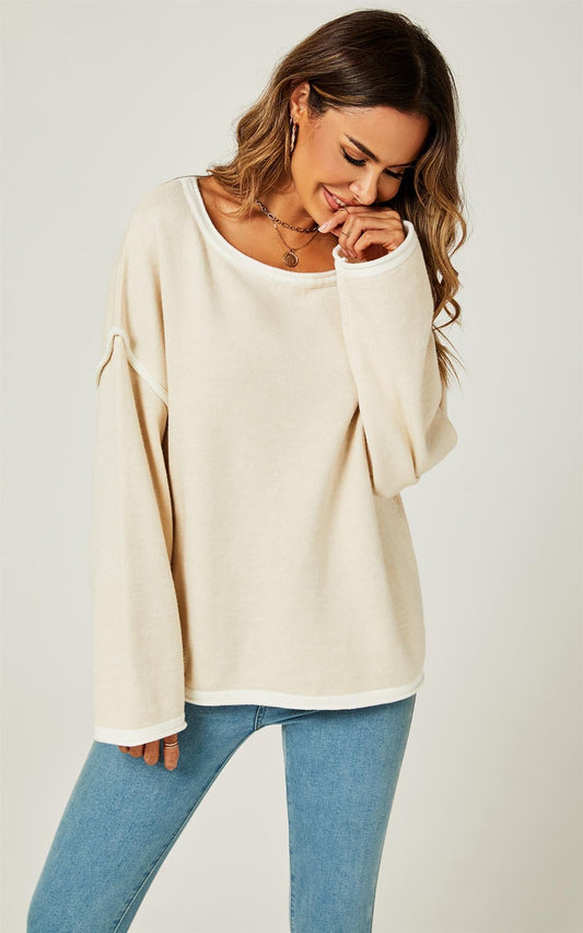 White Striped Oversized Jumper Top In Beige