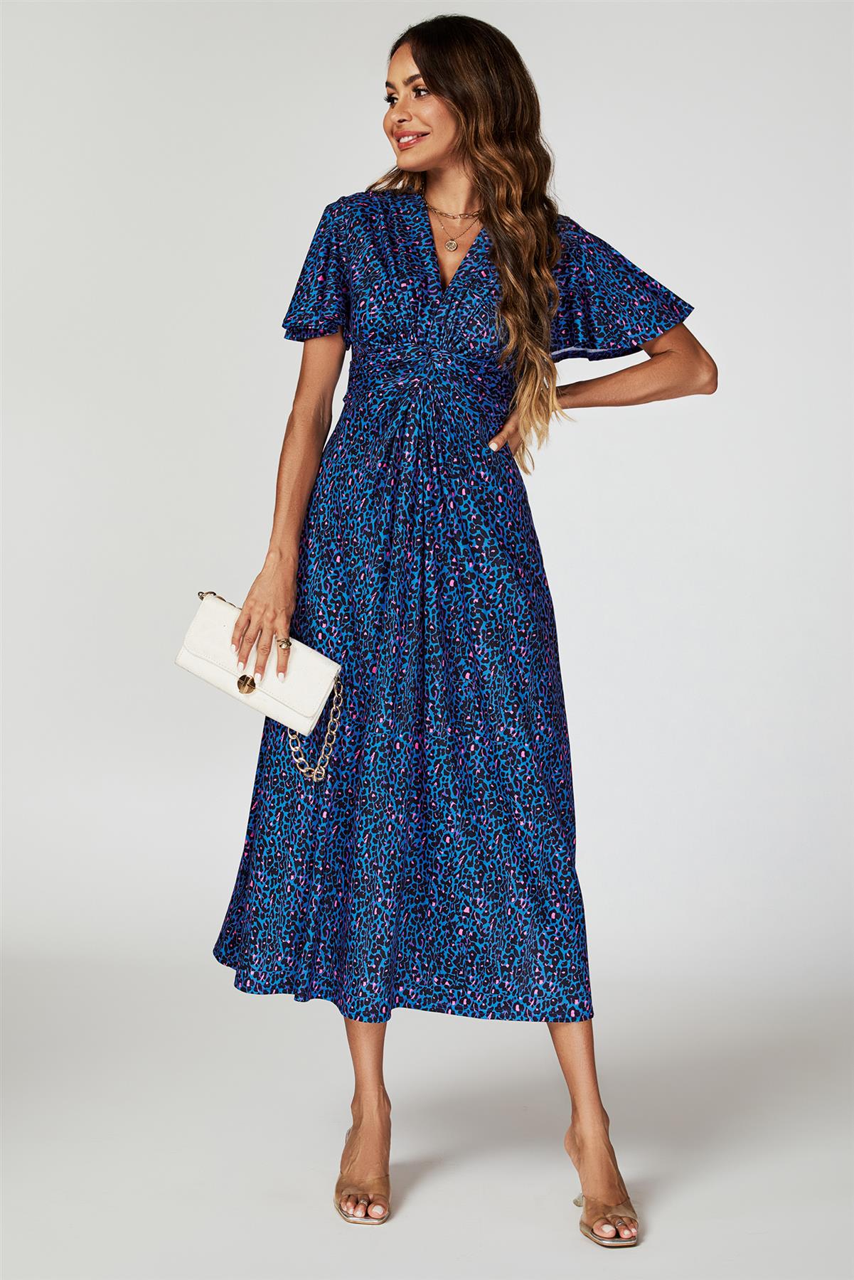 Animal Print Angel Sleeve Twist Midi Dress In Blue