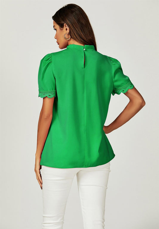 Lace Trim Detail Short Sleeve High Neck Blouse Top In Green