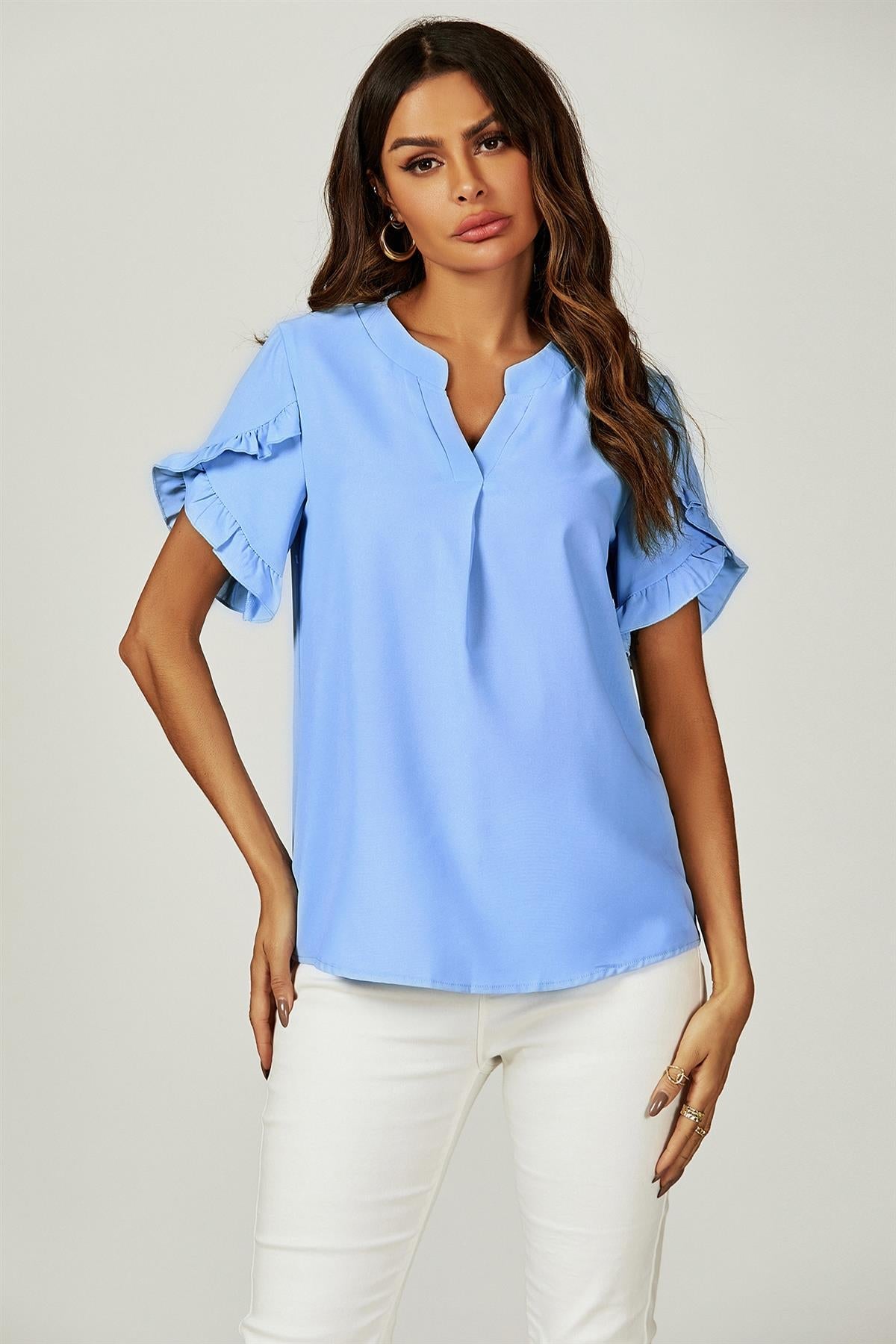 Frill Trim Detail Short Sleeve Blouse Top In Light Blue