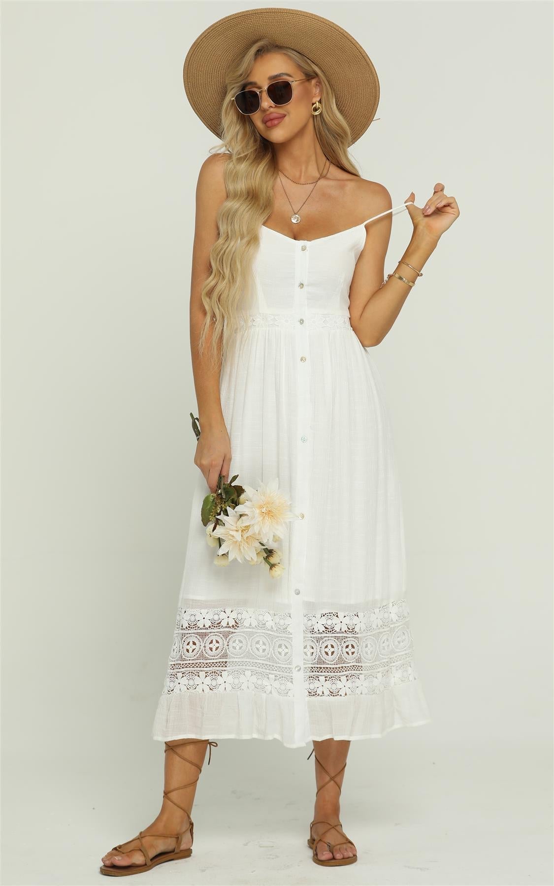 Lace Trim Detail Strappy Maxi Dress In White