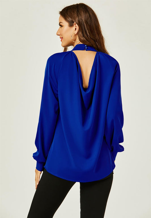 Halter Neck Long Sleeve Blouse Top In Royal Blue