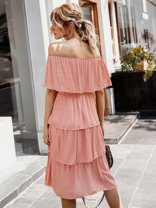 Off The Shoulder Bardot Frill Tiered Dress In Peach Polka Dot