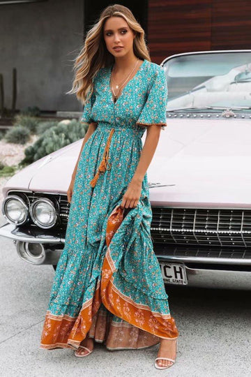 Bohemian Style Maxi Dress In Green Print