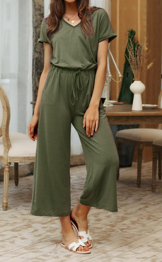 Olive Green Loose Jumpsuit With Short Sleeve