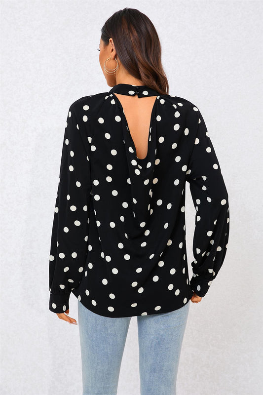 Black Dot Print Halter Neck Blouse Top In Black