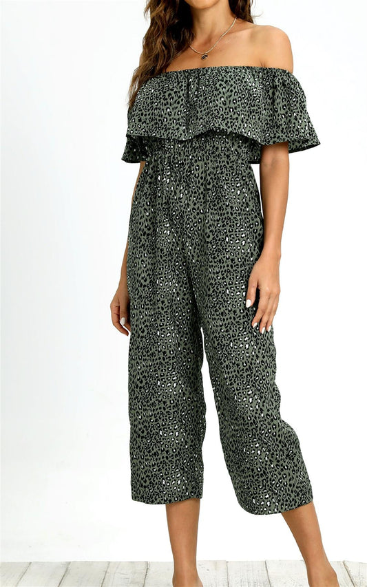 Leopard Print Bardot Ruffles Hem Jumpsuit In Khaki Green