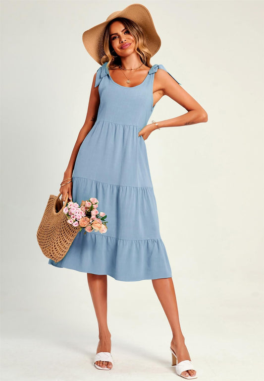 Relaxed Linen Self Tie Shoulder Tiered Midi Dress In Light Blue