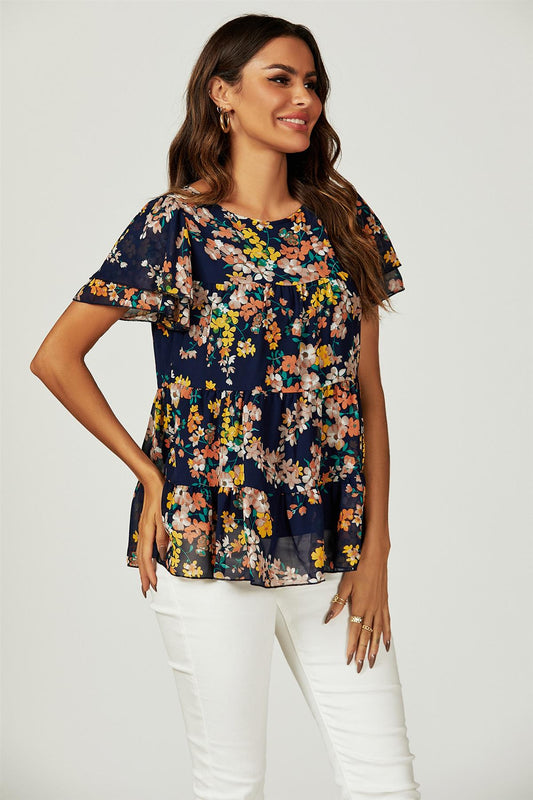 Floral Print Hem Tiered Smock Short Sleeve Blouse Top In Navy