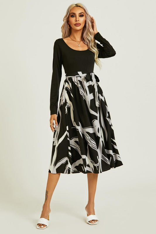 Printed 2 In 1 Midi Dress Long Sleeve Top In Black