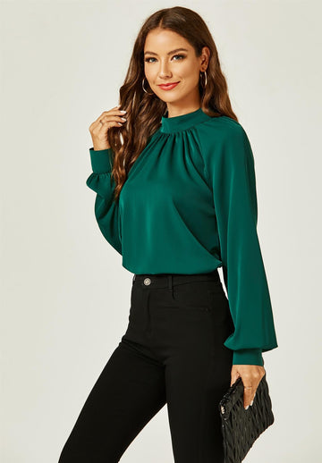 Halter Neck Long Sleeve Blouse Top In Green