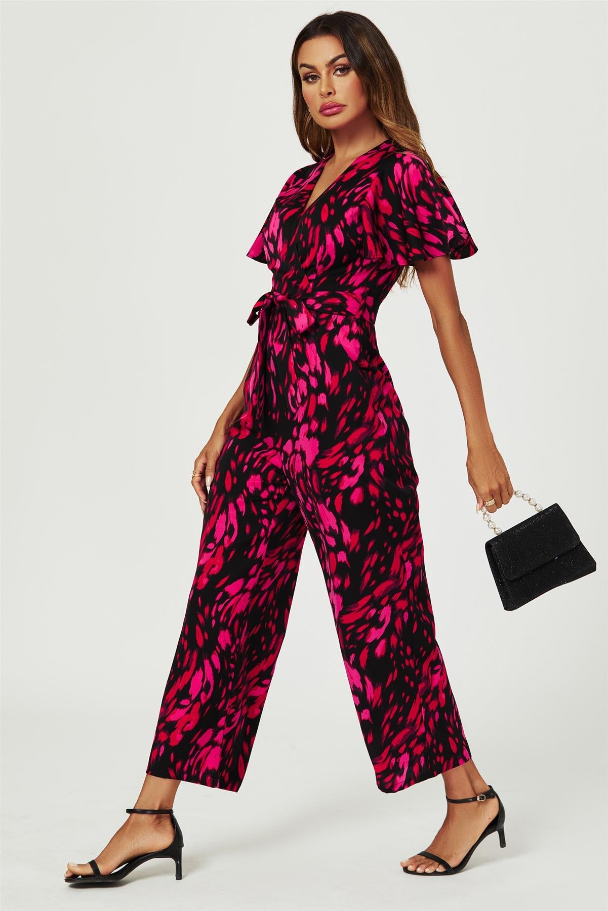 Pink Abstract Print Wrap Top Jumpsuit In Black