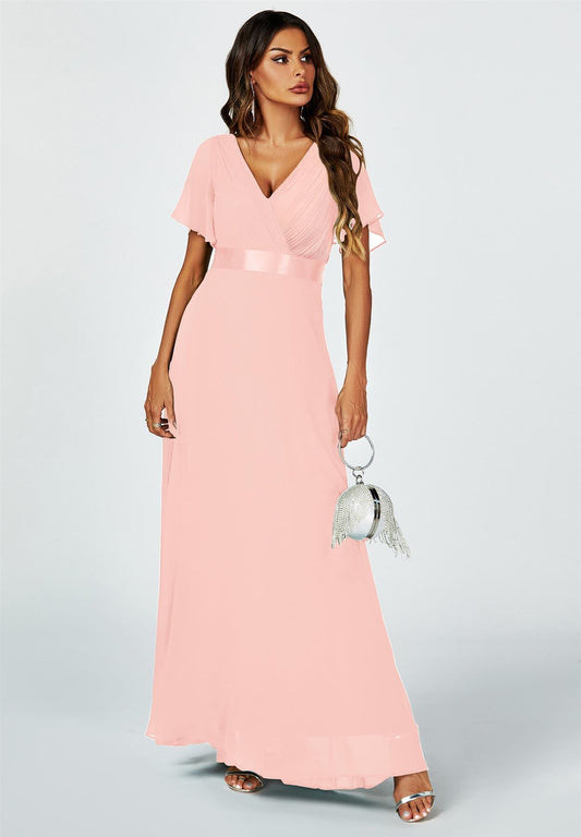 Angel Sleeves Empire Waist Bridesmaid Dress In Pink