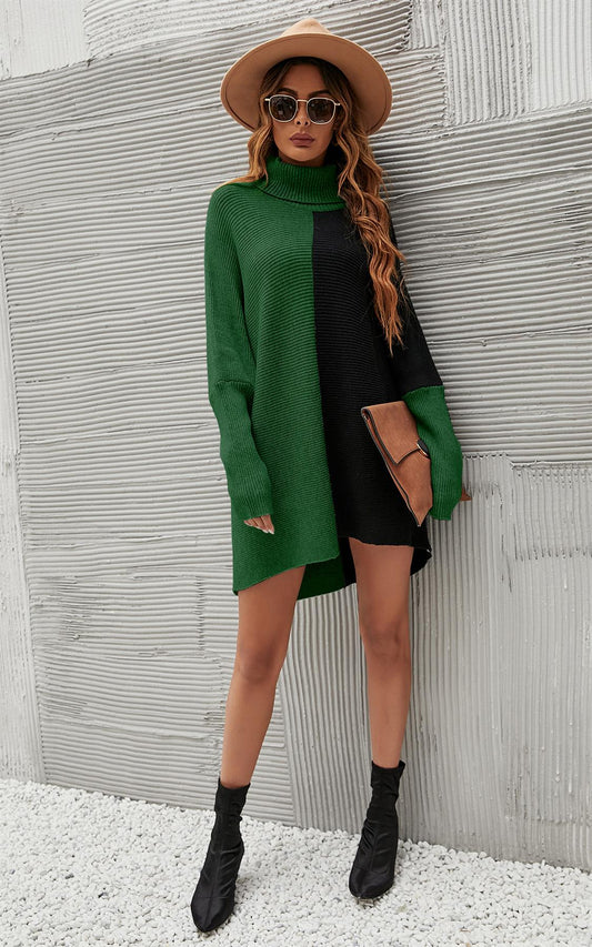 High Neck Half Forest Green & Black Block Colour Jumper Top